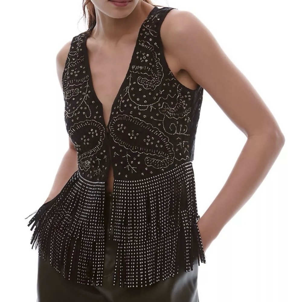 Anthropologie Verb Pallavi Singhee Beaded Fringe Vest Sz M/L Black Boho Festival